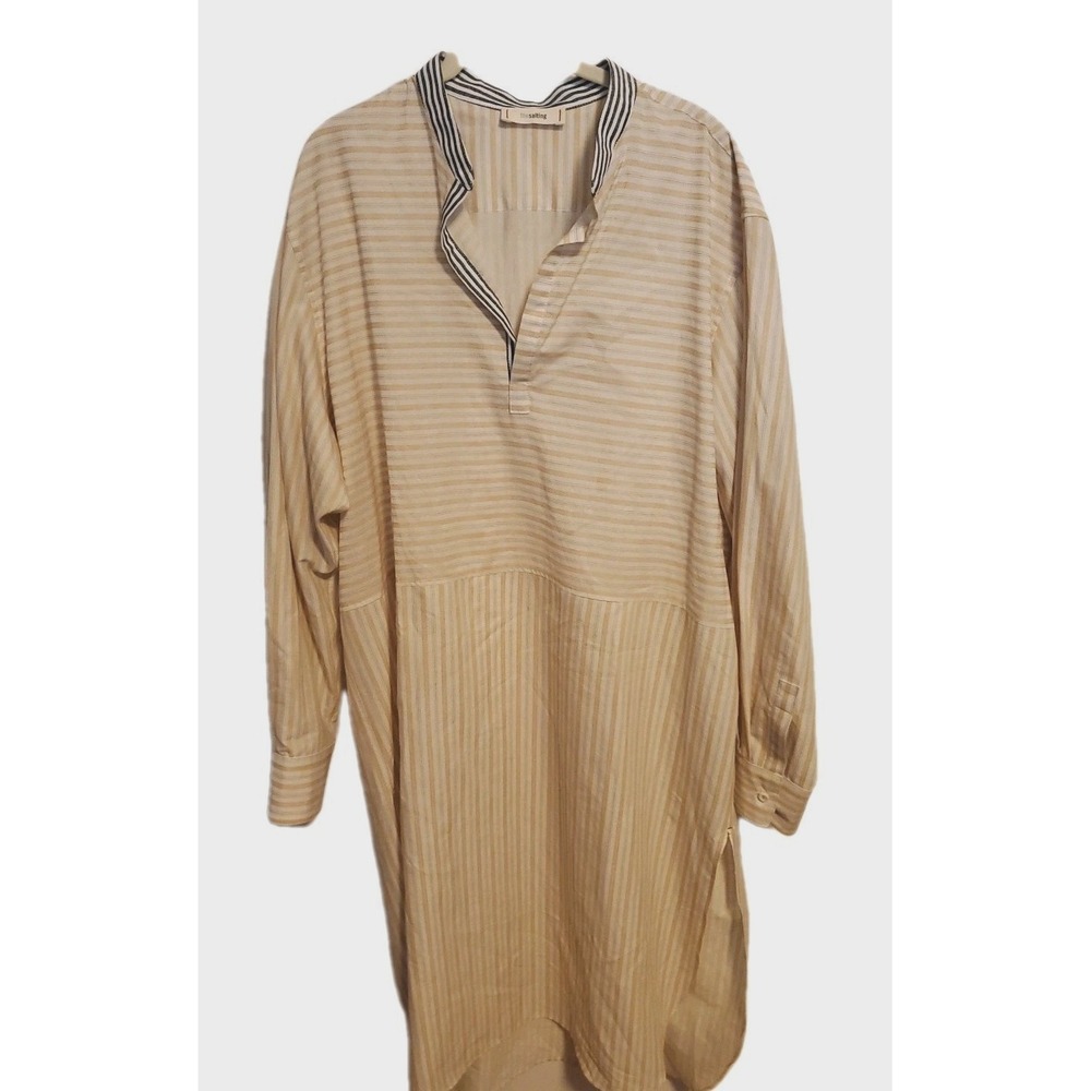 THE SALTING Cotton Caftan Large Tan/Beige Stripe Trim‎ Midi Unisex Retail$415